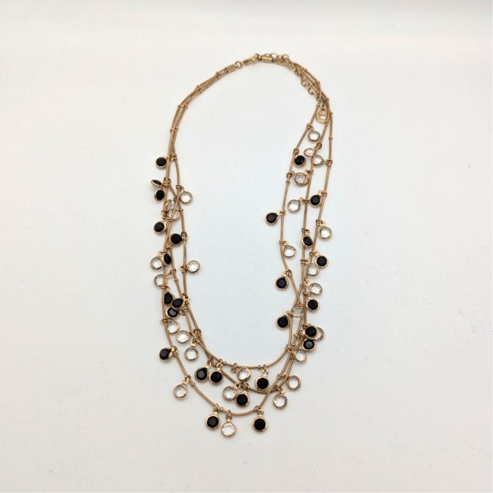 Anne Klein Shaky Stone Three Strand Necklace Gold Plated Enamel Black Clear Gem